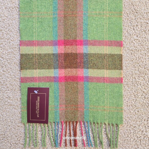 NWT John Hanly Ireland Lambswool Scarf Green & Pink Plaid - Picture 9 of 9